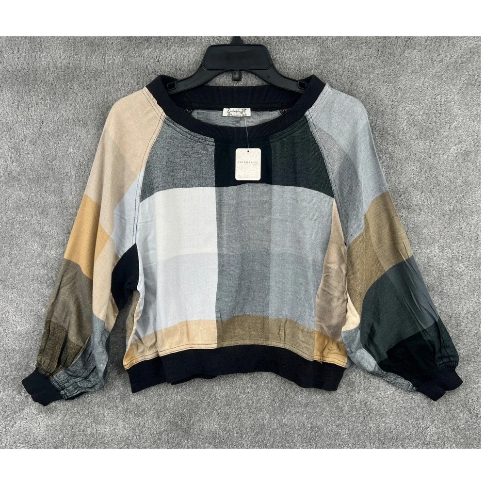 Free People Intimately‎ Sugar Cookie Plaid Pullover Top XS Neutral Combo NWT